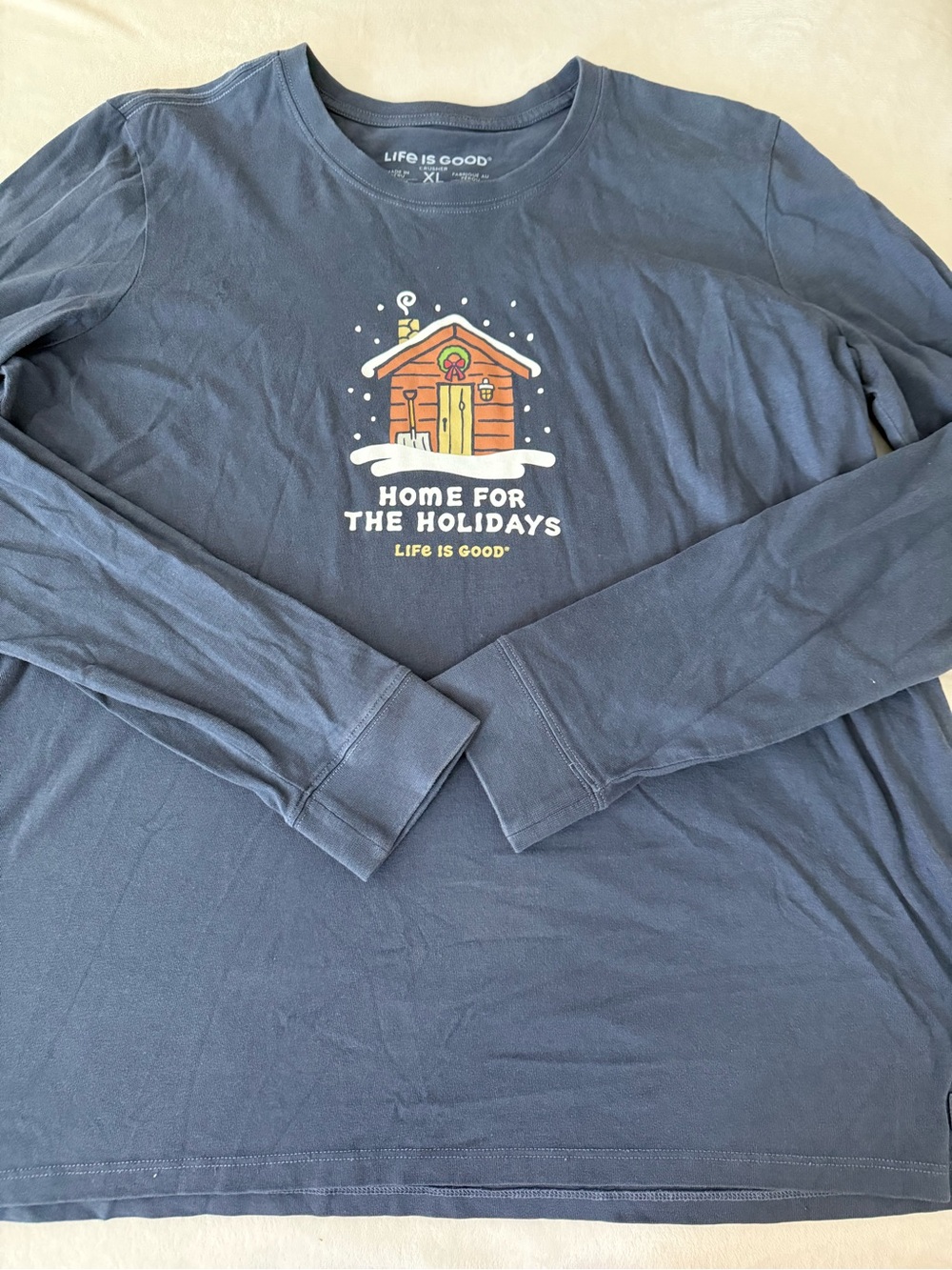 Women's Life is Good Holiday Cabin Home Winter Blue LS Crusher Tee XL D82